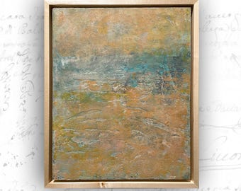 Abstract Painting of Landscape with Peach and Turquoise, Cold Wax Painting of Landscape, Small Abstract Painting