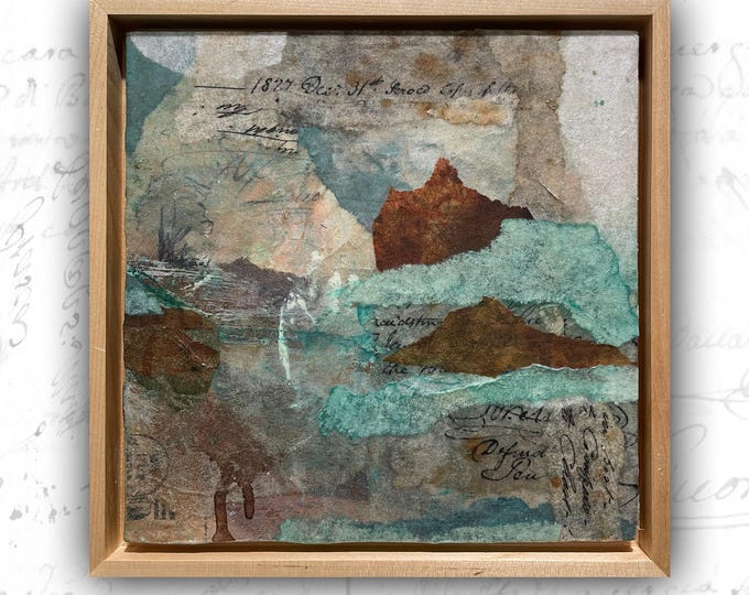 Framed Abstract Collage Ocean Painting: Mixed Media Art (8x8)