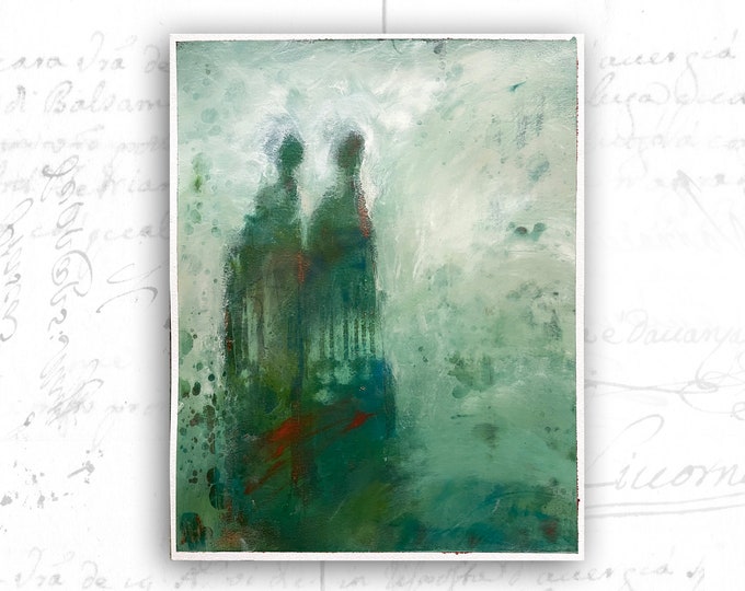 Painting of Two Abstract Figures, Unframed Figure Painting in Cold Wax and Oil