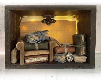 Jane Austen Assemblage Art: Pride and Prejudice Book Nook with Lights