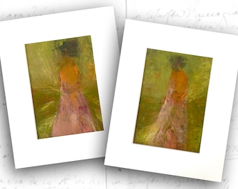 Abstract Figure Painting Set of Women in Orange, Small Unframed Figure Paintings, Cold Wax and Oil Floral Art