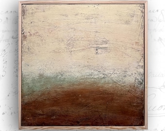 Textured Abstract Landscape Painting: Framed Rust Cream Cold Wax Art (16x16)