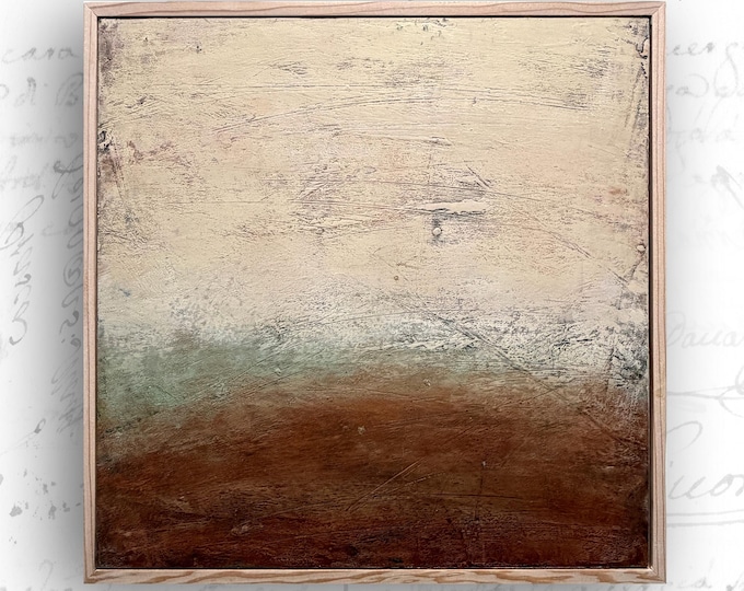Textured Abstract Landscape Painting: Framed Rust Cream Cold Wax Art (16x16)