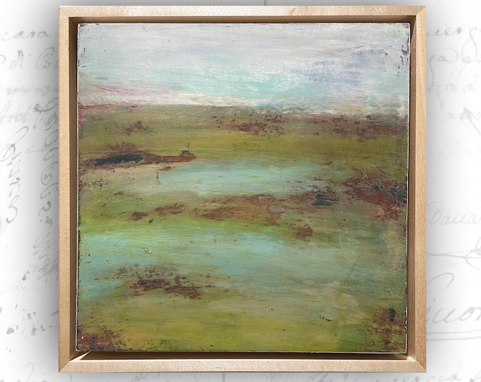 Framed Cold Wax Landscape Painting: Abstract Field After Rain