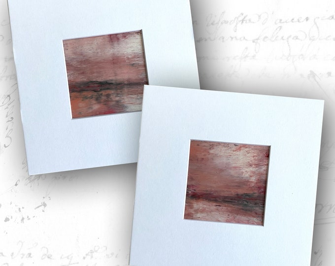 Set of 4 x 4 Paintings with Mats, Small Abstract Landscapes in Mats, Mini Paintings in Pink