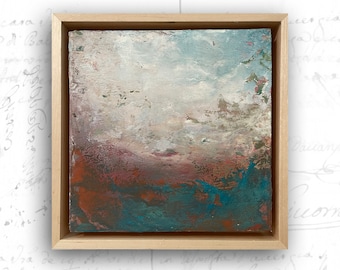 Framed Abstract Landscape Painting: Small Cold Wax Art (6x6)