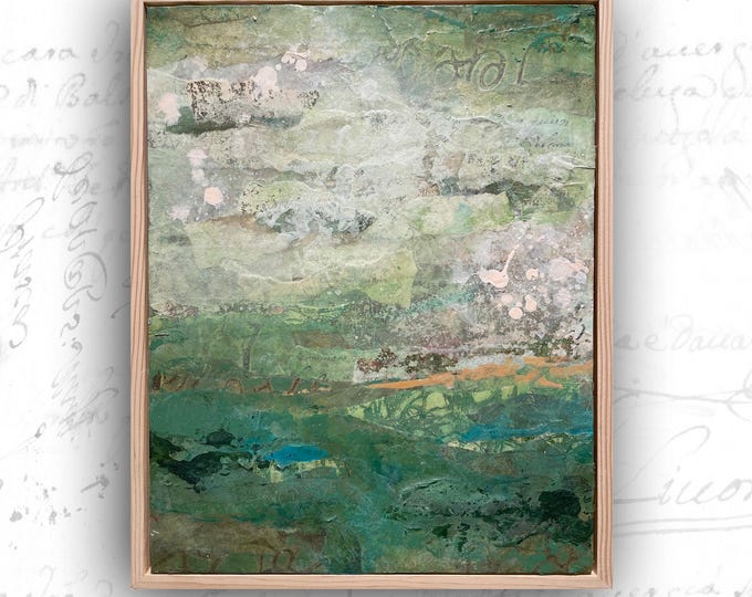 Framed Abstract Landscape Collage in Green: Mixed Media Art (11x14)