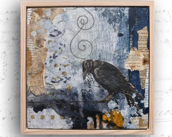 Framed Collage with Crow, Mixed Media Art (8x8)