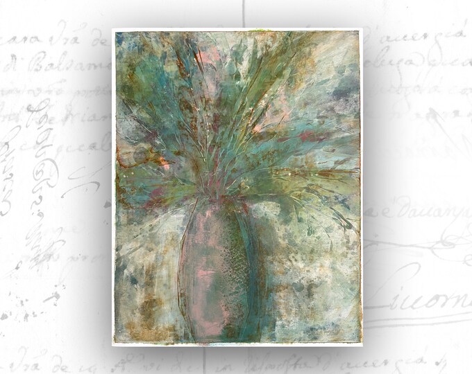 Abstract Painting of Bouquet in Pink Vase, Unframed Painting of Abstract Flowers, Original Cold Wax Painting