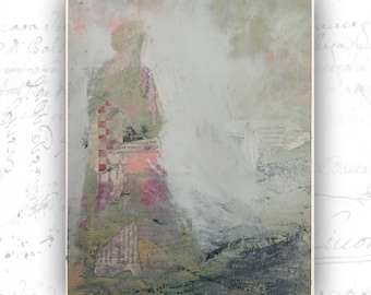 Abstract Collage Painting of Woman in Pink, Unframed Original Paintings, Cold Wax and Oil Figure Painting