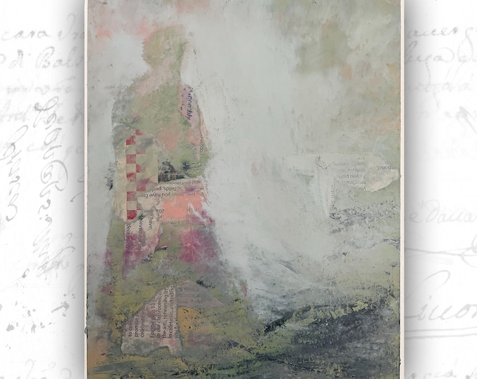 Abstract Collage Painting of Woman in Pink, Unframed Original Paintings, Cold Wax and Oil Figure Painting