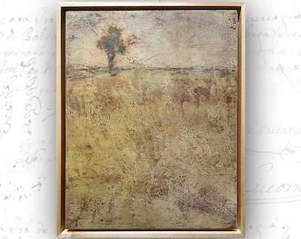 Framed Golden Landscape Painting: Cold Wax & Oil, Solitary Tree