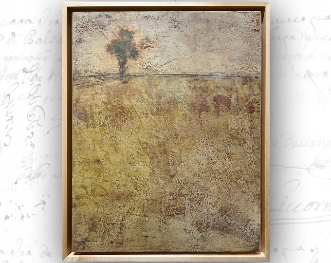 Framed Golden Landscape Painting: Cold Wax & Oil, Solitary Tree