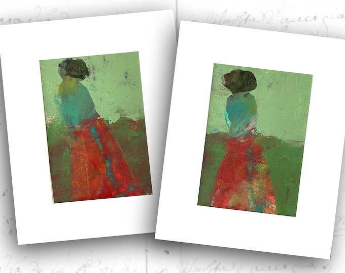 Abstract Figure Painting Set of Women in Red, Small Unframed Figure Paintings, Cold Wax and Oil Floral Art