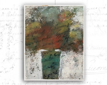 Original Abstract Painting of Fall Flowers in Vase, Cold Wax Painting of Flowers, Unframed Cold Wax Painting
