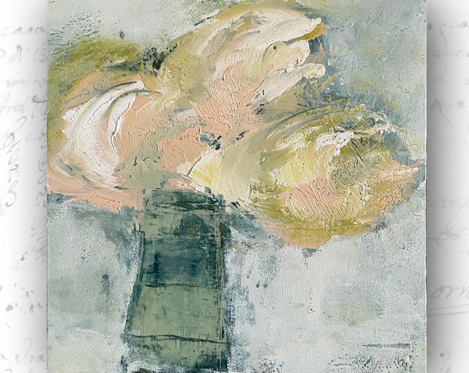 Unframed Abstract Painting of Flowers in Vase, Unframed Painting of Flowers in Cold Wax and Oil, Floral Painting on  Paper