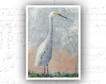 White Heron Giclée Print, Original Painting Art, Lush Foliage Nature Wall Art