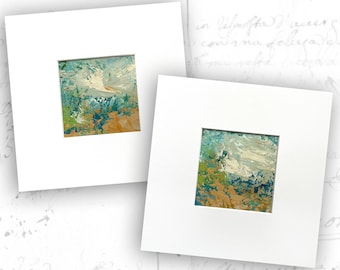 Unframed Set of 4 x 4 Paintings in Blue and Orange, Small Abstract Landscapes in Mats, Mini Oil Paintings