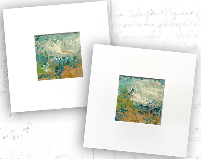 Unframed Set of 4 x 4 Paintings in Blue and Orange, Small Abstract Landscapes in Mats, Mini Oil Paintings