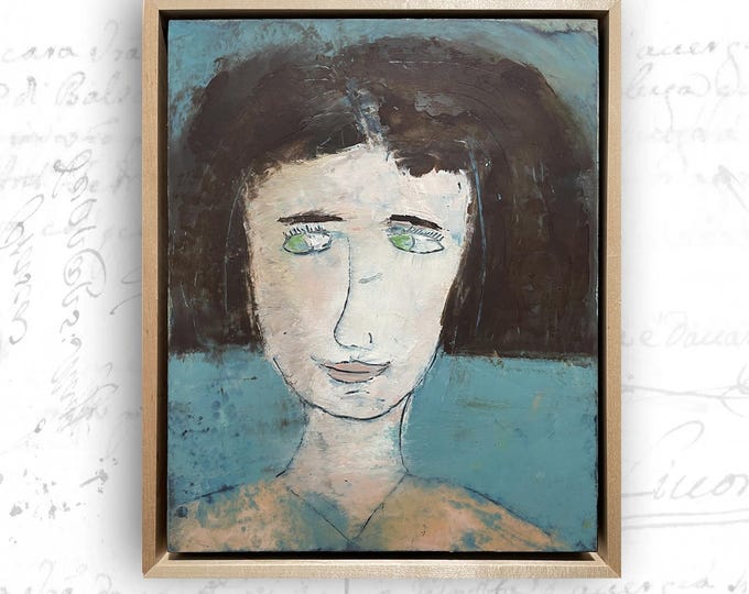 Original Cold Wax Oil Painting: Whimsical Woman Portrait, Framed