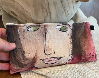All Purpose Pencil Case with Brown Haired Woman Artwork, Zipper Bag for Accessories, Small Canvas Travel Bag