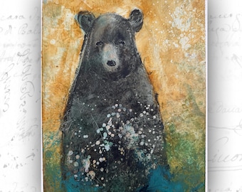 Original Painting of Black Bear, Unframed Bear Artwork, Cold Wax and Oil  (8x10)