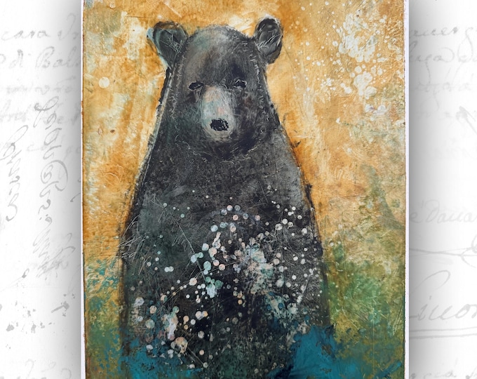 Original Painting of Black Bear, Unframed Bear Artwork, Cold Wax and Oil  (8x10)