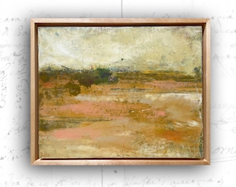 Framed Abstract Desert Sunrise Painting, Cold Wax & Oil on Wood