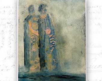 Abstract Figure Painting with Two People, Cold Wax and Oil Figure Art (8 x 10)