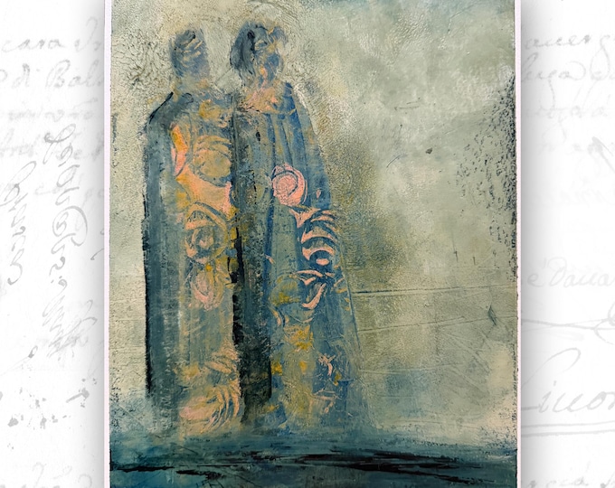 Abstract Figure Painting with Two People, Cold Wax and Oil Figure Art (8 x 10)