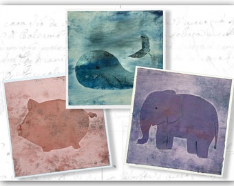 Unframed Animal Paintings for Nursery, Original Pig Painting, Original Whale Painting, Original Elephant Painting