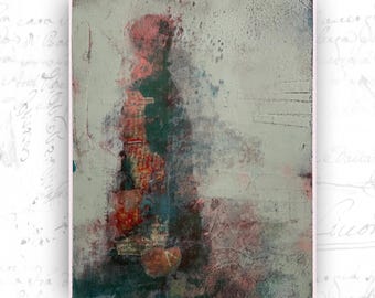 Abstract Collage Painting of Women in Green, Unframed Original Paintings, Cold Wax and Oil Figure Painting