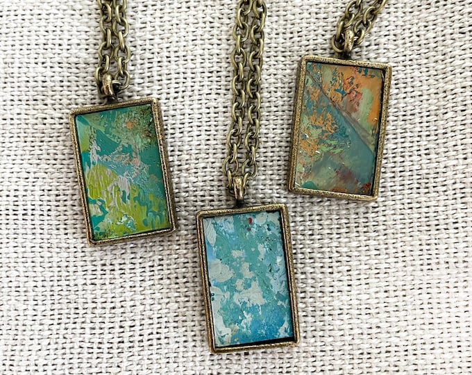 Handpainted Pendant Necklace in Antique Gold, Art Jewelry Necklace, Pendant with Original Art