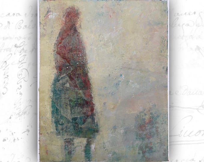 Abstract Collage Painting of Figure in Patchwork, Unframed Original Paintings, Cold Wax and Oil Figure Painting