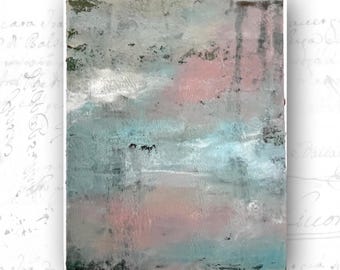 Original Abstract Landscape Painting: Pink & Blue Cold Wax Art (8x10)