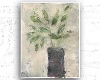Original Painting of Leaves in Vase, Cold Wax Floral Painting, Unframed Floral Painting