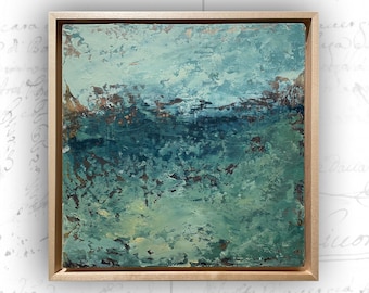 Abstract Landscape Painting in Cool Colors, Framed Painting in Cold Wax and Oil Painting