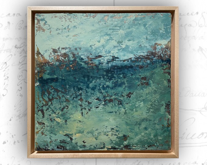 Abstract Landscape Painting in Cool Colors, Framed Painting in Cold Wax and Oil Painting