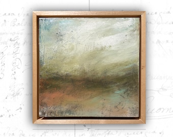 Framed Pastoral Landscape Painting, Cold Wax and Oil, 6x6