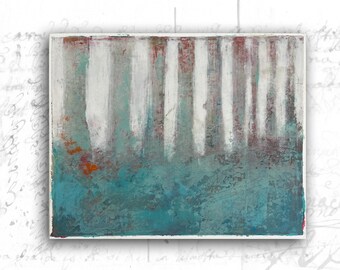 Blue Forest Abstract Painting: Cold Wax & Oil on Paper (8x10 Unframed)