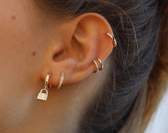 Hoop earrings with small gold padlock, hoop size 12mm padlock in sterling silver and 24k gold plated
