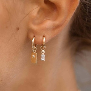Hoop earrings with 12mm rectangular white zircon stone pendant in sterling silver and 24k gold-plated silver