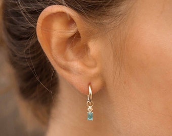 Hoop earrings with a 12mm rectangular blue baguette stone pendant in sterling silver and 24k gold plated silver