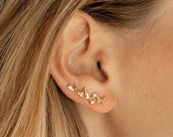 Boucles d'oreilles grimpantes avec papillons et petits zircons en argent sterling 925 et plaqué or 24 carats,