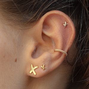 Pendientes X Pequeños en Plata de Ley y Oro 18k, Mini Pendientes Geométricos para Segundo Agujero, Joyería Minimalista cruzados