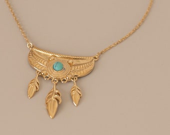 Three feather and turquoise stone design necklace made of sterling silver and 24K gold plated