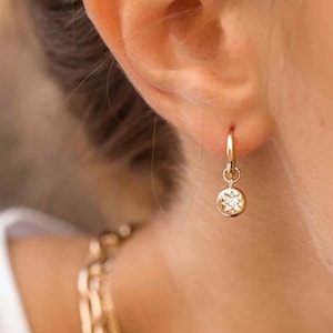 Hoop earrings with coin-shaped pendant, 12mm charm and zircon in the center, 925 sterling silver and 24k gold plated