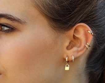 Hoop earrings with small gold padlock, hoop size 12mm padlock in sterling silver and 24k gold plated