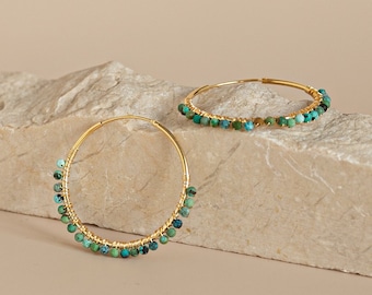 Medium hoops with 35mm natural turquoise stone in 925 sterling silver and 18k gold plated