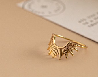 Sunburst ring with extended rays, like a sunrise in 24k gold-plated sterling silver